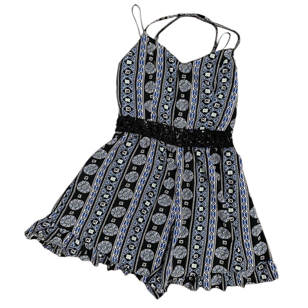 Hollister Blue/White Geo Pattern Crochet Waist Spaghetti Strap Romper